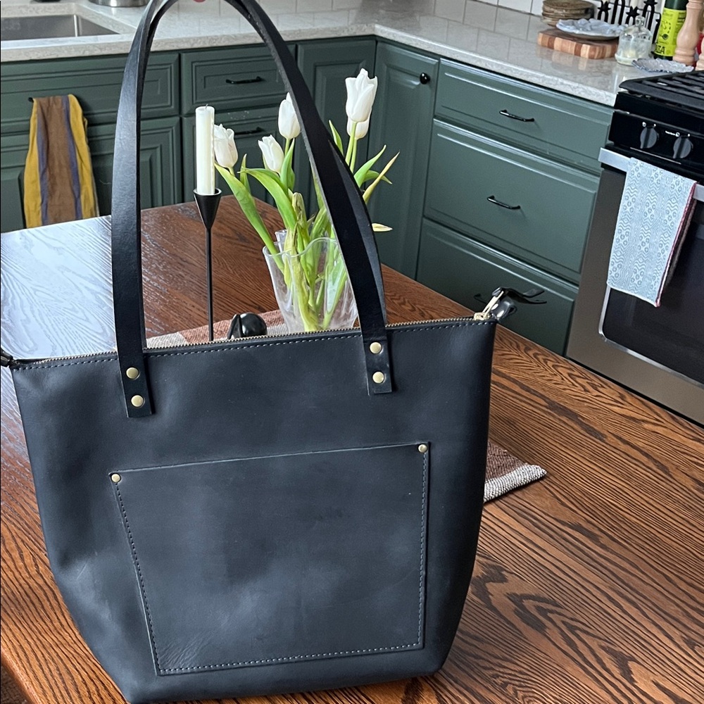 Portland Leather Zippered Black Leather Tote Bag